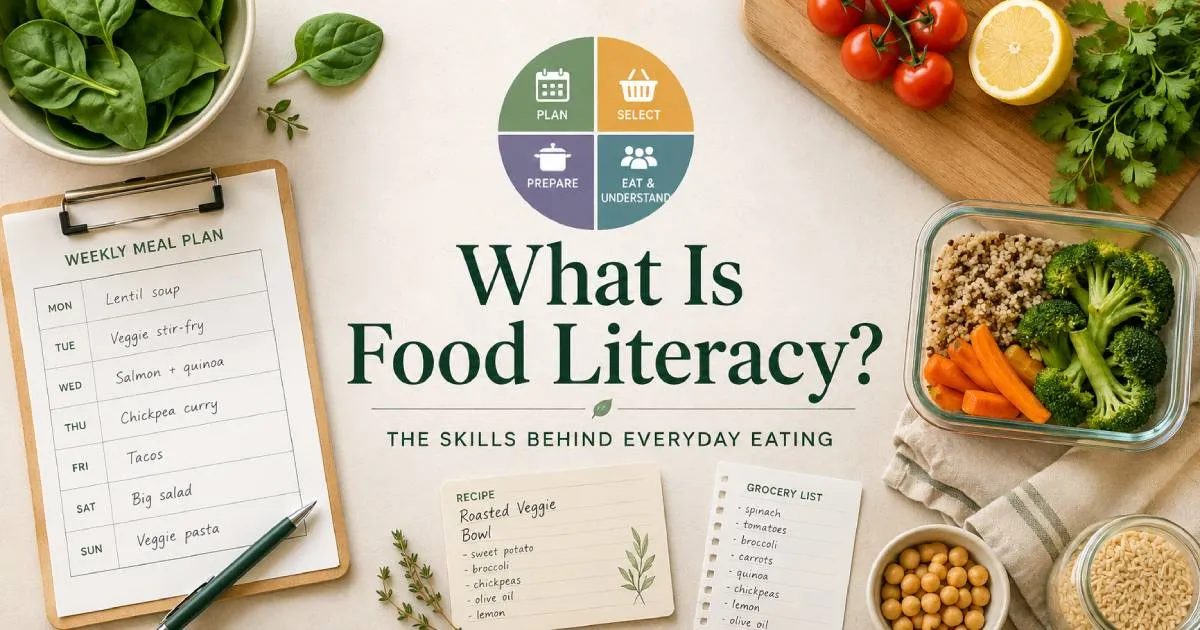 A weekly meal plan and grocery list beside vegetables, pantry ingredients and a container of prepared food.