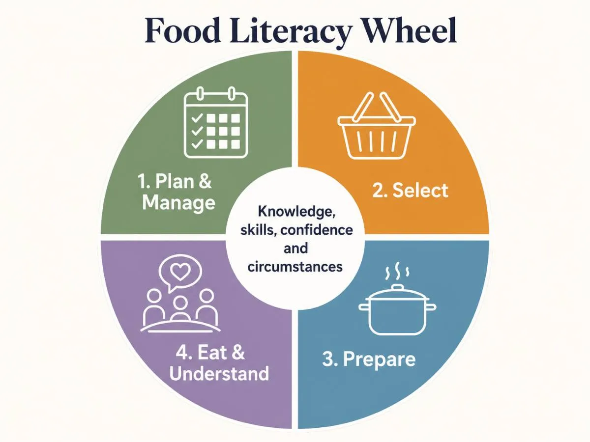 A circular food-literacy diagram divided into Plan and Manage, Select, Prepare, and Eat and Understand, surrounding a centre labelled Knowledge, skills, confidence and circumstances.